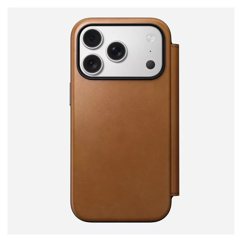„Folio“ telefono dėklas „Nomad Modern Leather Folio“, skirtas „iPhone 17 Pro“, oda + aliuminis, 6,3 colio (16 cm), rusvai ruda, 3 kortelių kišenės