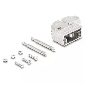 DELOCK D-Sub korpusas 9 kontaktų, kampuotas 90° laido apsauginis gaubtas, sidabrinis plastikas, 33×47×16 mm