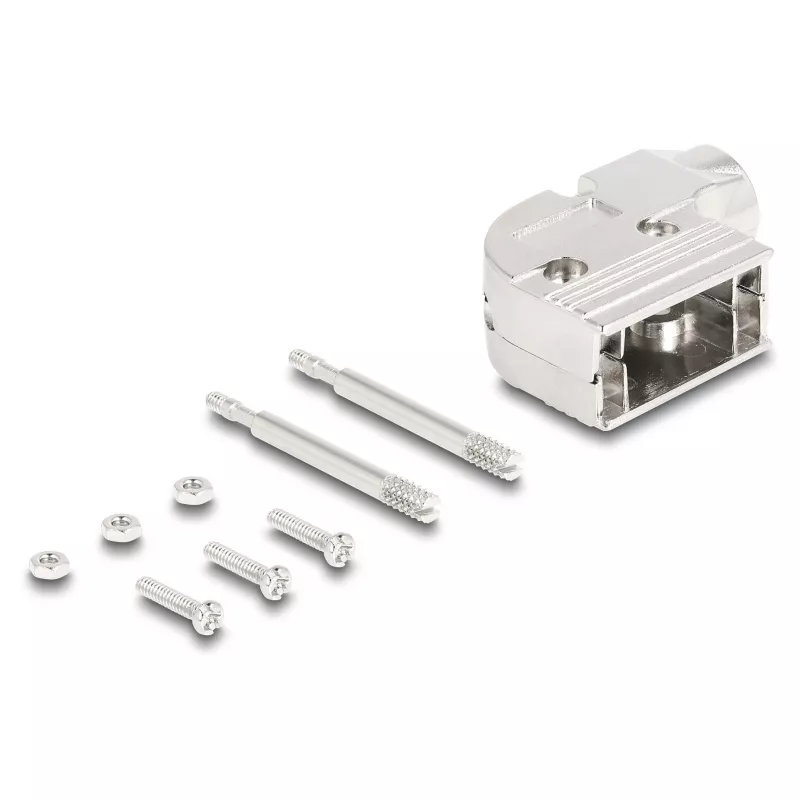 DELOCK D-Sub korpusas 9 kontaktų, kampuotas 90° laido apsauginis gaubtas, sidabrinis plastikas, 33×47×16 mm