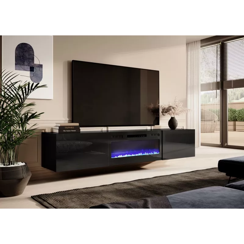 TV spintelė Cama Meble SLIDE 200K su elektriniu židiniu 200×40×37 cm blizgi juoda, MDF durelės, medžio drožlių plokštės korpusas