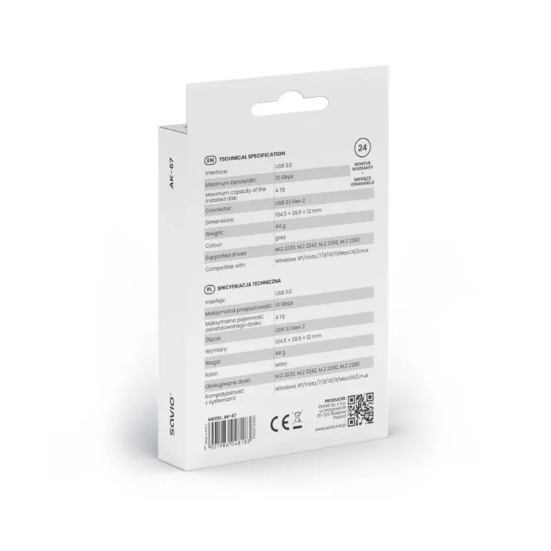 M.2 SSD korpusas SAVIO AK-67 pilkas, USB 10 Gbit/s, vieno M.2 disko palaikymas