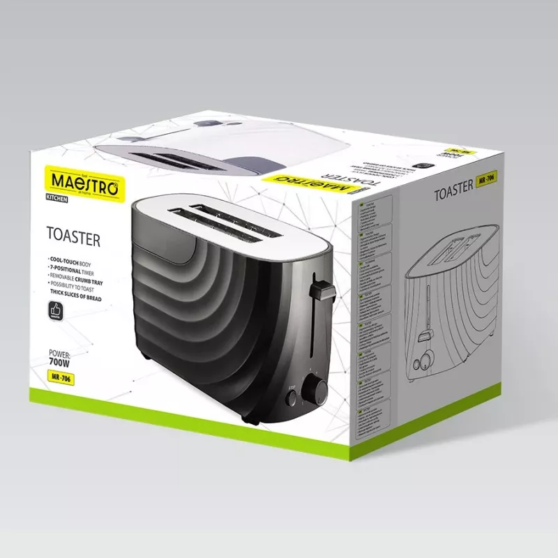 Skrudintuvas Maestro MR-706-Juoda, juodas kompaktiškas 2 riekių skrudintuvas