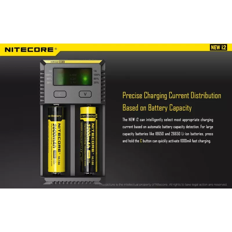 Baterijų įkroviklis Nitecore NEW i2 — 2 vietų įkroviklis LiFePO4, Li-Ion, NiMH; įėjimas 100–240 V; išėjimas 9–12 V; palaiko AAAA/C/D/AAA/AA; juodas
