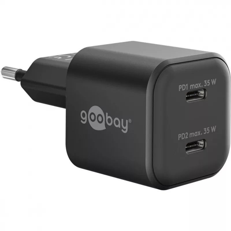 Sieninis įkroviklis GOOBAY 75333 — universalus vidaus AC USB-C įkroviklis, 2x USB-C, 35 W, juodas