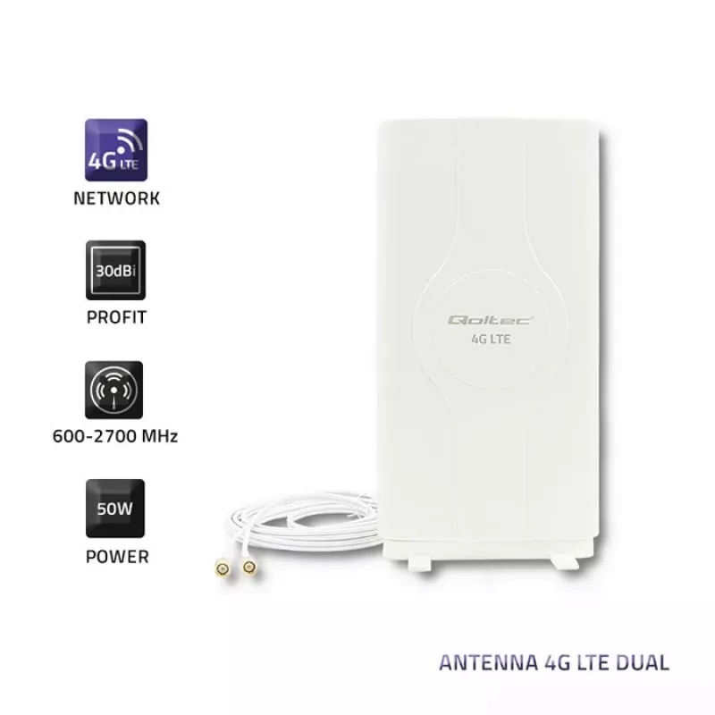 Įvairiakryptė antena QOLTEC 57013, 0,6–2,7 GHz, 30 dBi, vertikali poliarizacija, 50 Ω, baltas ABS korpusas