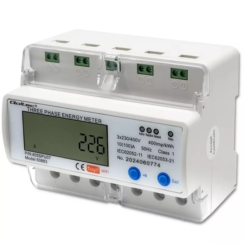 Trifazis energijos skaitiklis QOLTEC 50883 Wi‑Fi 400V su LCD ekranu