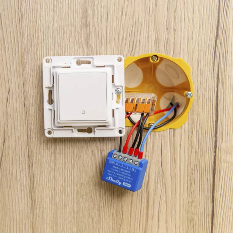 Išmanusis jungiklis Shelly 1 Mini Gen4 1P belaidis 110–240 V 50–60 Hz 1,2 W Bluetooth Wi‑Fi ZigBee 34×16×29 mm
