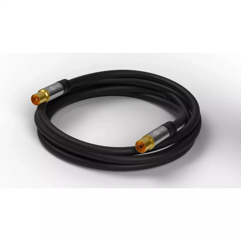 Goobay TV antenos kabelis (135 dB tipas), 4x ekranuotas, 10 m, juodas - paauksuotas, koaksialinis lizdas > koaksialinis kištukas (70389)