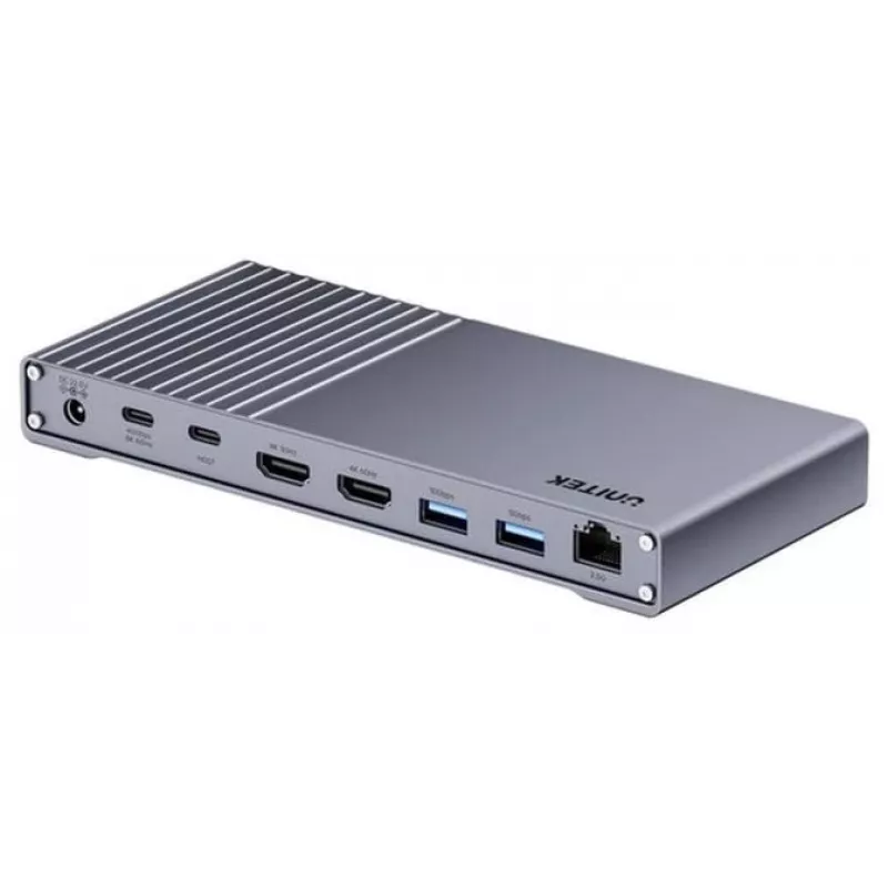 Dokų stotelė Unitek USB4 40 Gb/s 14-in-1 — USB-C, 3× USB 10 Gbps, 2× USB 5 Gbps, 2× HDMI, RJ45, PD su 120 W maitinimo adapteriu
