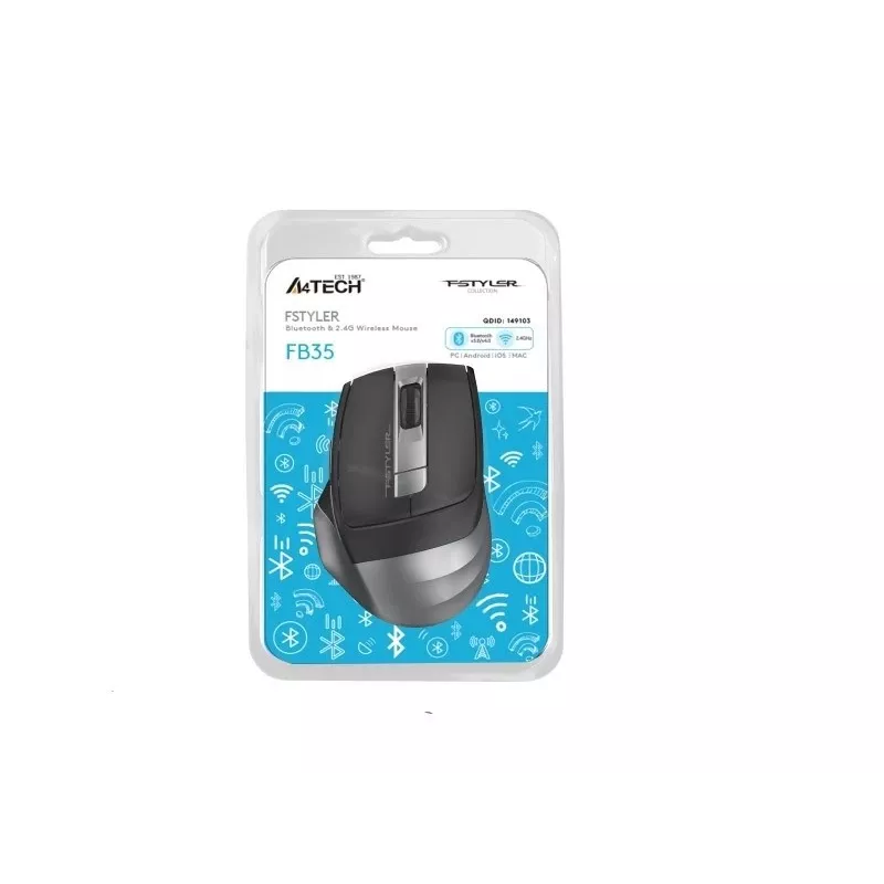 Belaidė pelė A4Tech FB35 (modelis 46717) — Bluetooth + 2,4 GHz, 2000 DPI, 6 mygtukai, pilka