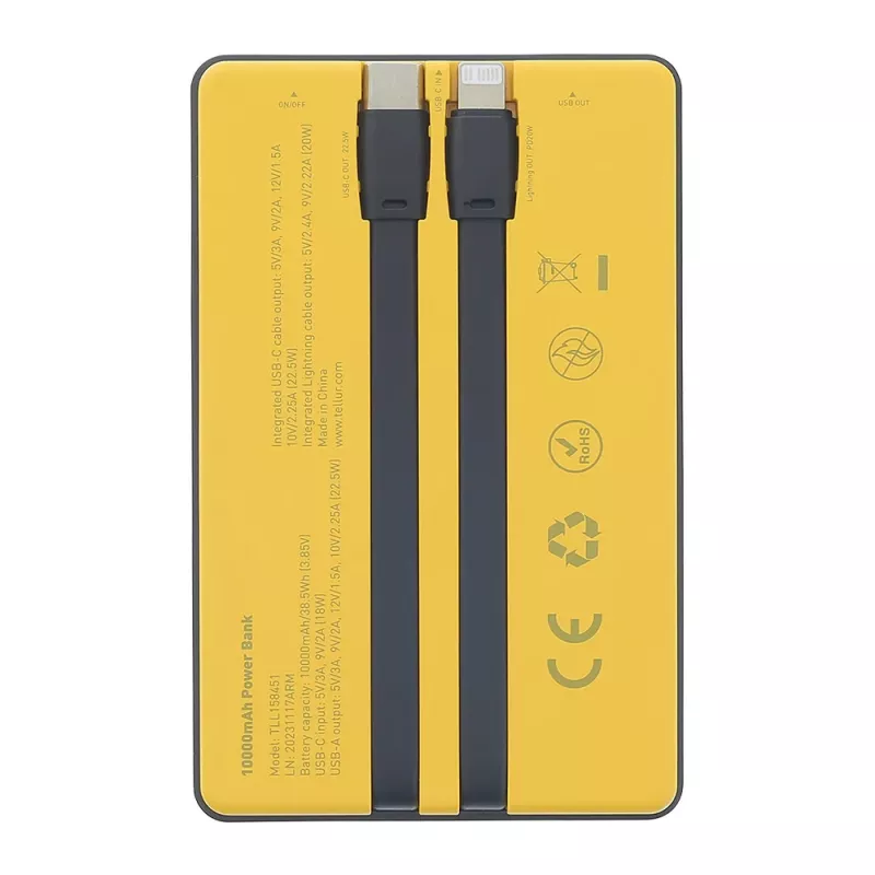 Nešiojamoji išorinė baterija Tellur TLL158451, 10000 mAh, USB-C + Lightning laidai