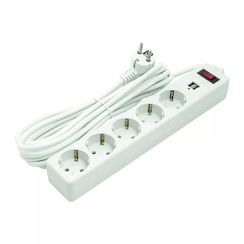 Buitinis ilgiklis 5m, 5 lizdai, 2xUSB, su jungikliu
