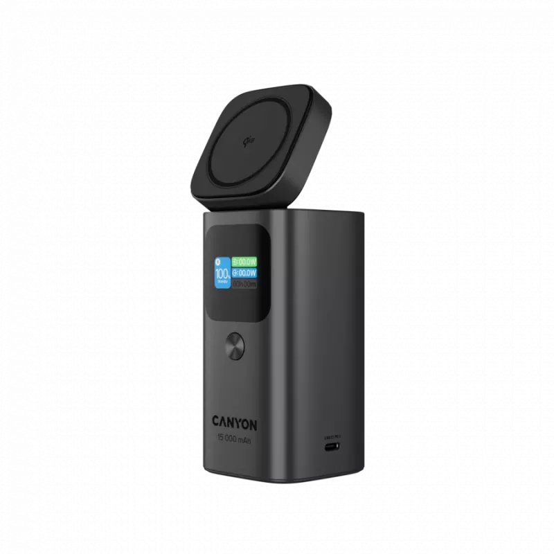 CANYON Qi2 magnetinis maitinimo blokas OnPower 150 15000mAh Aliuminis tamsiai pilkas