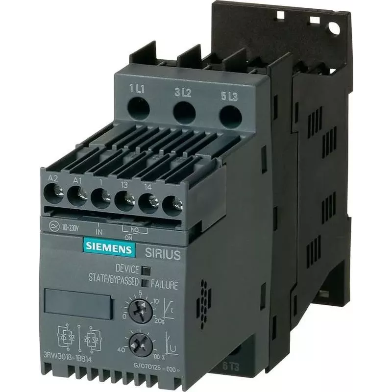 Siemens minkštasis paleidiklis, variklio galia esant 400 V 7,5 kW, variklio galia esant 230 V 4 kW, 400 V kintamoji srovė, vardinė srovė 17,6 A, 3RW3018 (3RW3018-1BB14)