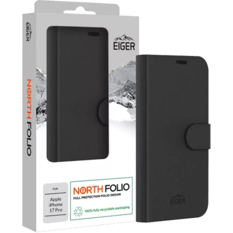 Folio stovas dėklas Eiger EGCA00934, skirtas Apple iPhone 17 Pro — magnetinis, juodas