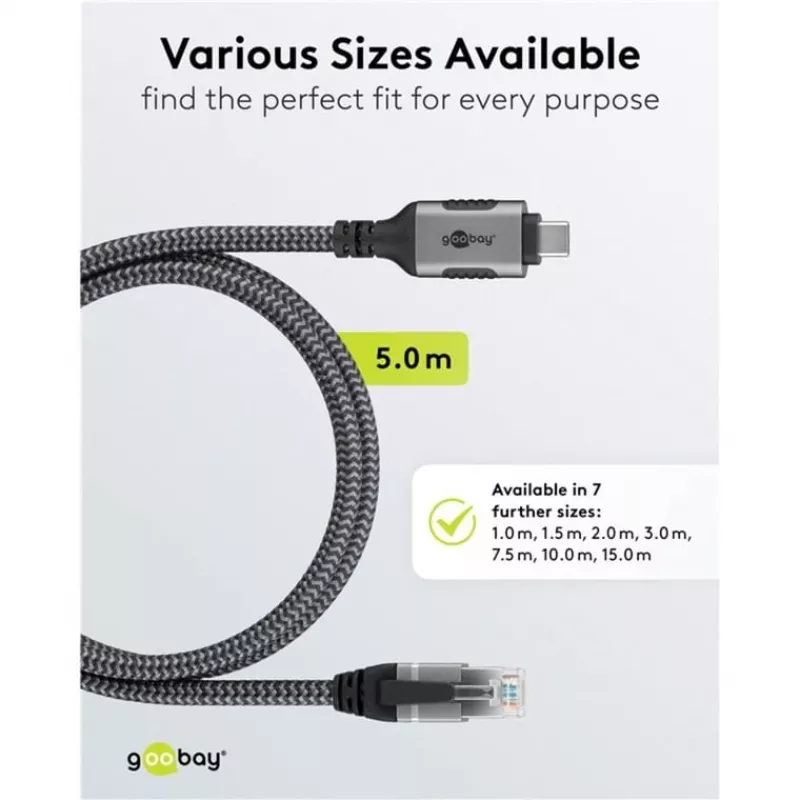 Ethernet kabelis USB-C 3.2 Gen2 kištukas > RJ-45 kištukas (juoda/sidabrinė, 5 metrai, pintas tekstilinis apvalkalas)