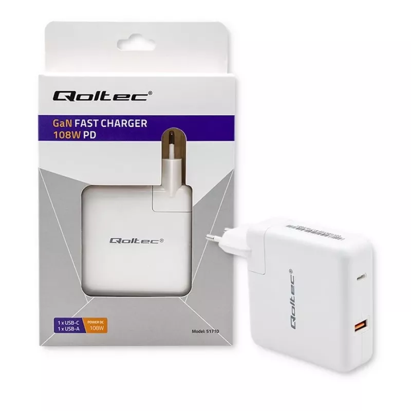 Qoltec GaN Charger FAST 108W | 5-20V | 3-4.7A | USB C | Balta