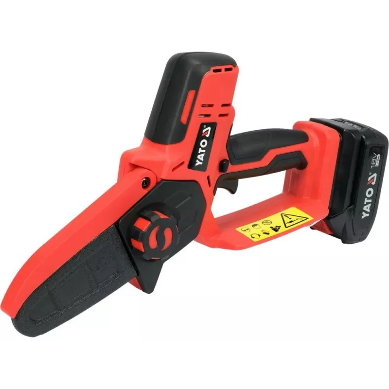 Belaidis grandininis pjūklas YATO YT-828135 — 18V Li-Ion 2Ah, 10 cm juosta, 3200 aps./min, 4,8 m/s grandinės greitis, 26 grandys