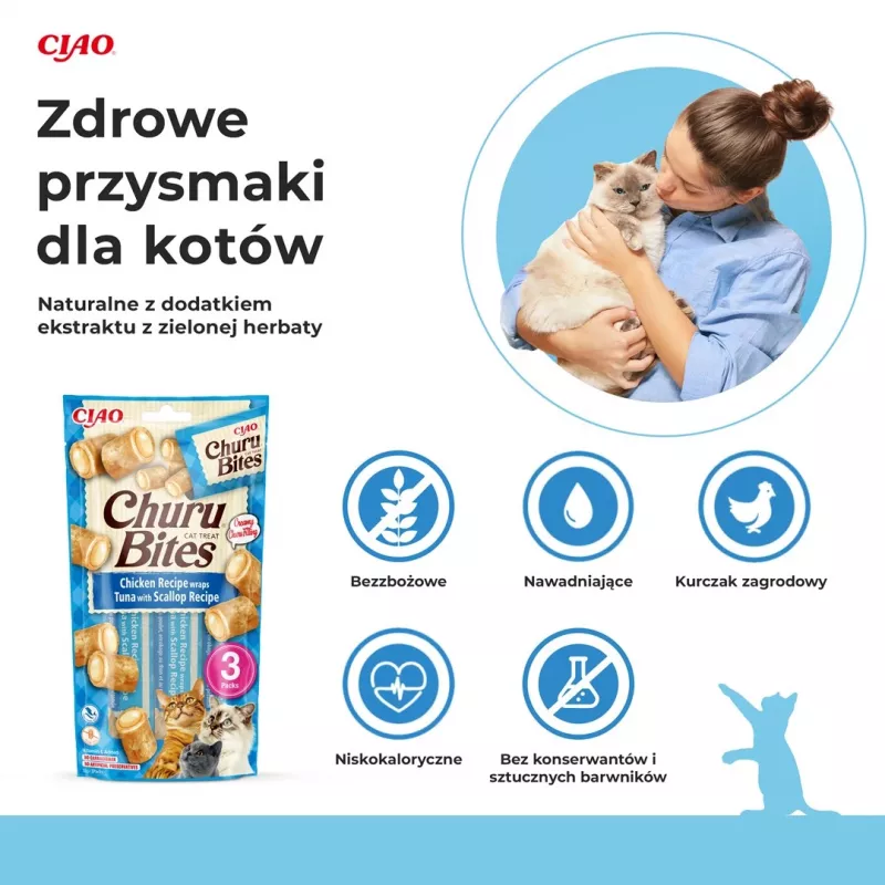 INABA Churu Bites vištienos su tunu ir šukutėmis - skanėstai katėms - 3x10 g
