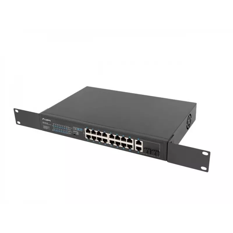 Nevaldomas jungiklis LANBERG RSFE-16P-2C-250 — 18 prievadų Gigabit, 16x PoE+ (30W), 2x SFP, 250W, 1U, metalinis, montuojamas į stelažą