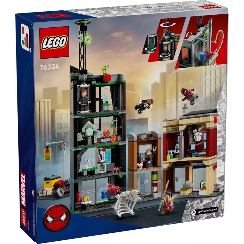 Konstravimo žaislas LEGO Marvel rinkinys 76324 Spider-Man vs. Oscorp, 808 elementai, 8 minifigūrėlės, amžius 10+