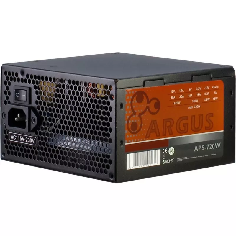 INTER TECH Argus APS-720W - Maitinimo blokai (115-230 V, 20+4 kontaktų ATX, 47-63 Hz, 12V1,+12V2,+3.3V,+5V,+5Vsb,12V, Aktyvus, ATX, Juoda)