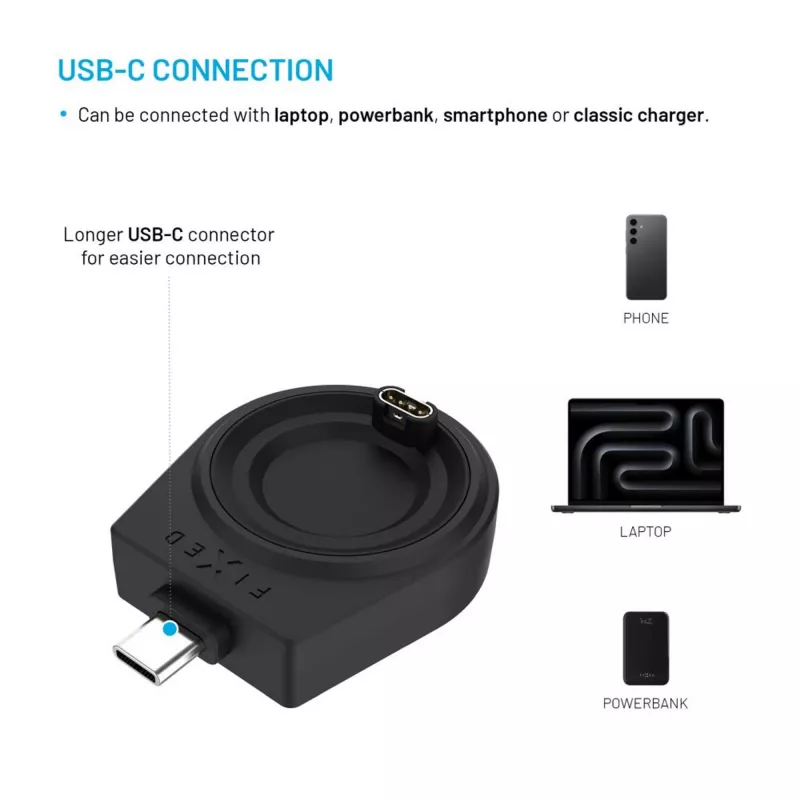 FIXED USB-C įkrovimo adapteris, skirtas Garmin Fenix/Epix/Venu/Vívoactive – suderinami modeliai išvardyti