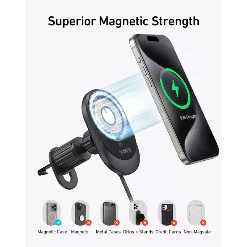 Belaidis magnetinis automobilinis įkroviklis Anker MagGo 15W — Magnetinis 15W Qi greitasis įkrovimas išmaniesiems telefonams, juodas
