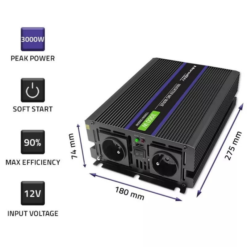 Galios keitiklis QOLTEC Monolith 3000 MS Wave, 12 V → 230 V, 1500/3000 W, su USB