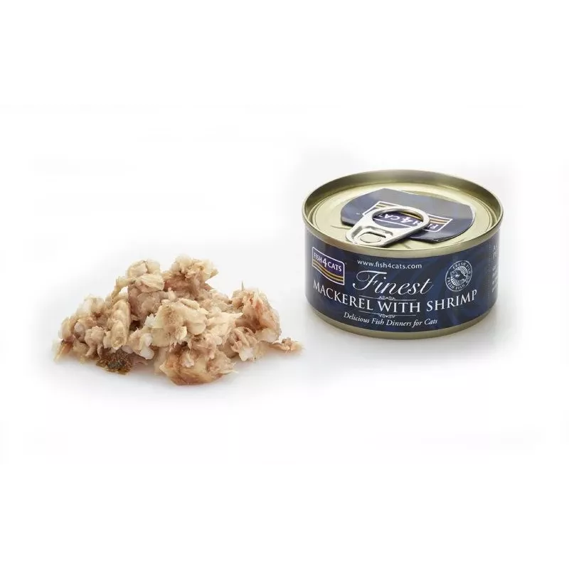 Šlapias kačių maistas FISH4DOGS Mackerel with shrimp 70 g — suaugusioms katėms, žuvies skonio, skardinė, be glitimo