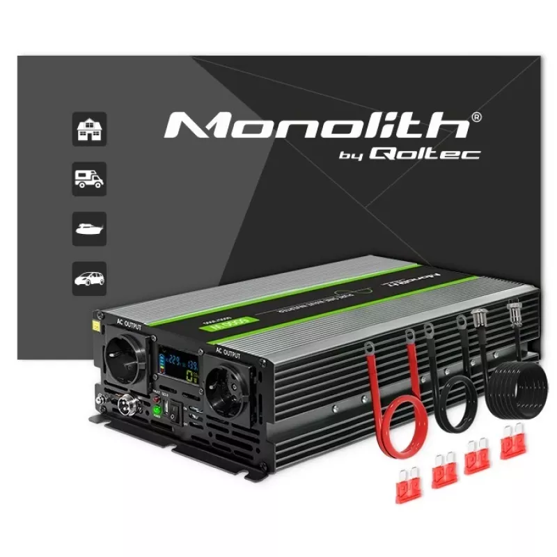Qoltec 51923 grynos sinusinės bangos keitiklis Monolith | 3000 W | 6000 W | 24 V į 230 V | LCD