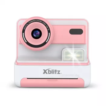 Momentinė kamera su terminiu spausdintuvu Xblitz FLASH PINK — kompaktiška kamera, 1980×1080 ekranas, 1200 mAh baterija, microSD skaitytuvas, USB-C