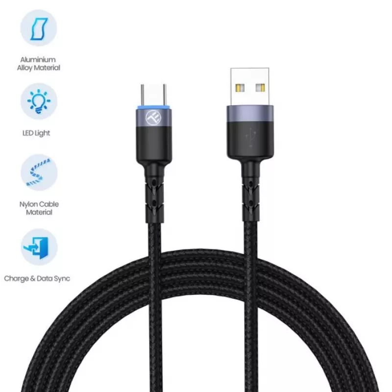 Duomenų kabelis Tellur USB į Type-C LED nailoninis pintas 1,2 m juodas