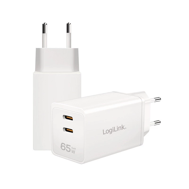Dvigubas USB lizdo adapteris 65 W, 2 x USB-C, baltas