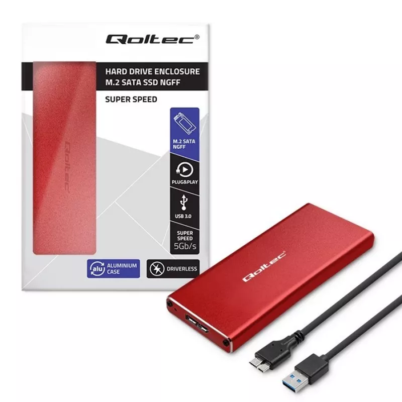 SSD dėklas QOLTEC 51831 USB 3.0 M.2 SATA diskams iki 2TB, raudonas, palaiko 30 mm ilgį, iki 4 diskų
