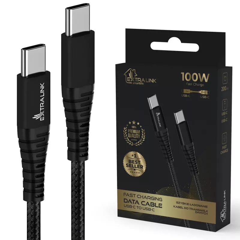 Extralink Smart Life Braided USB Type-C kabelis 100W, USB Type-C į Type-C, 2m, juodas, 480 Mbps, 20V 5A