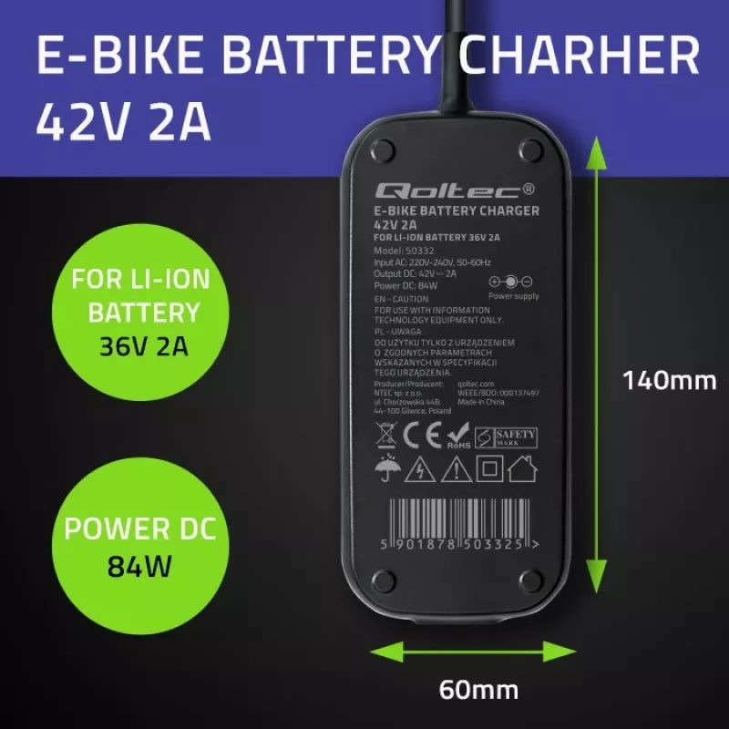 E-dviračio įkroviklis QOLTEC 50332 — 36V/42V išėjimas, 2A, 5,5×2,1 mm kištukas