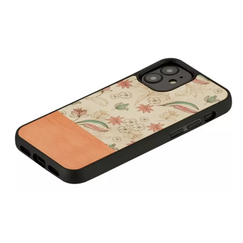Apsauginis telefono dėklas Man and Wood skirtas iPhone 12 mini — rožinė gėlė juodame fone