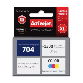 Rašalinė kasetė ActiveJet AH-704CR suderinama su HP 704, XL didelio našumo, spalvota (žydra/purpurinė/geltona), 21 ml, atnaujinta Premium