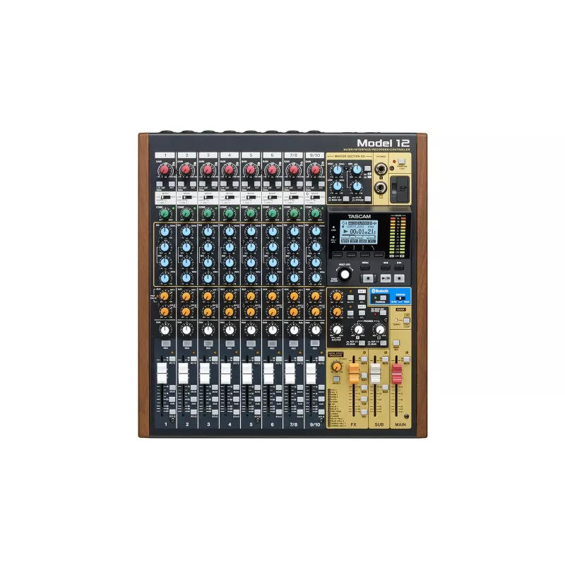 Mikseris Tascam Model 12 — 12 kanalų analoginis/skaitmeninis mikseris, 24 bitų, 48 kHz, USB-C, SD kortelė, Bluetooth 5.0