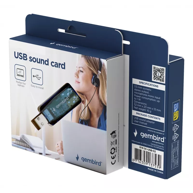 USB išorinė garso plokštė Gembird Virtus2 — USB sąsaja, 3,5 mm ausinių lizdas, mėlyna permatoma