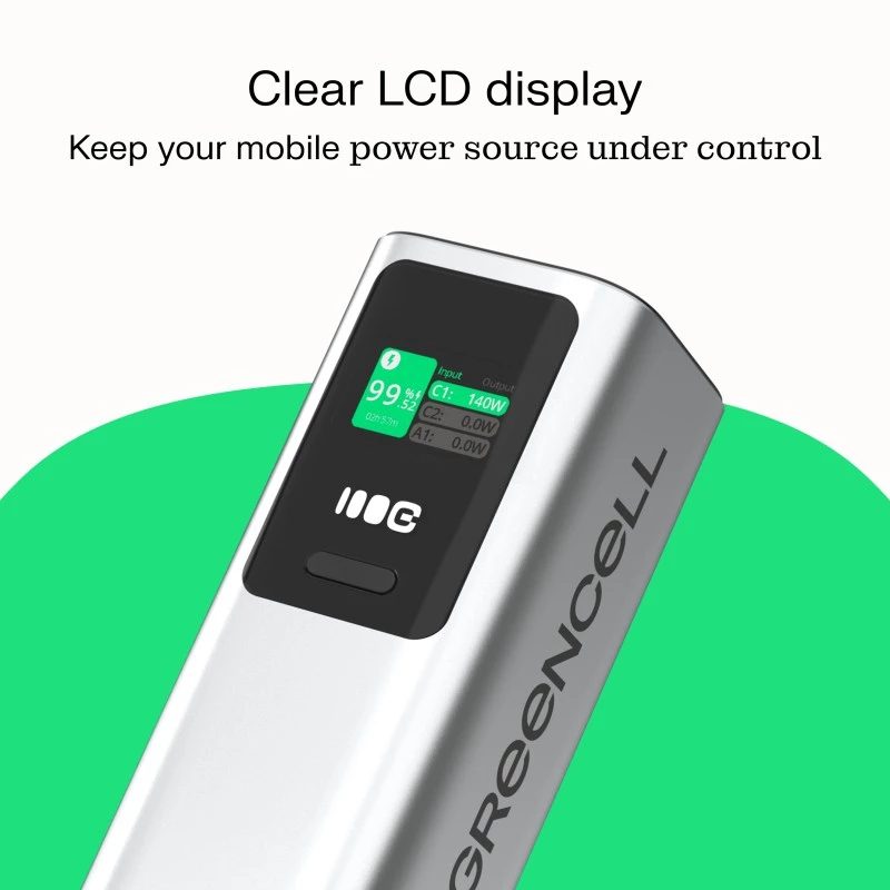 Nešiojama baterija Green Cell PBGC25UD, 25200 mAh, Li‑Ion, 140 W bendra galia, 2× USB‑C + 1× USB‑A, OLED ekranas, aliuminis korpusas