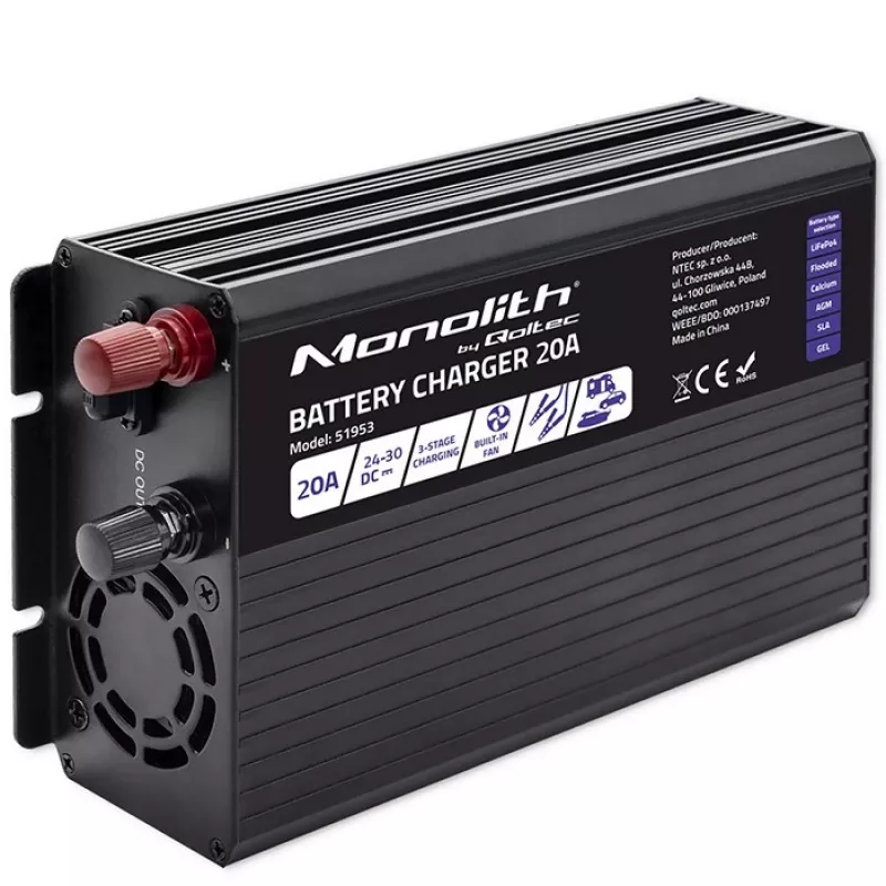 Qoltec Smart Monolith baterijų įkroviklis, skirtas LiFePO4 AGM GEL SLA akumuliatoriams | 20A | 24V