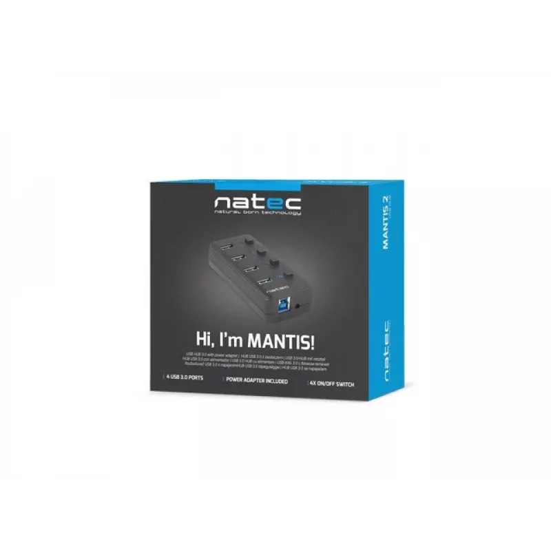 USB šakotuvas NATEC MANTIS USB 2.0 Type-B — 4x USB 3.2 Gen 1 Type-A prievadai, juodas, 0.8 m laidas, kintamosios srovės adapteris, maitinimo jungiklis