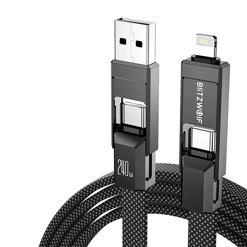 4-in-1 kabelis BlitzWolf BW-HDC7 — USB-C, Lightning, USB-A, Micro-USB 1,2 m 240 W juodas
