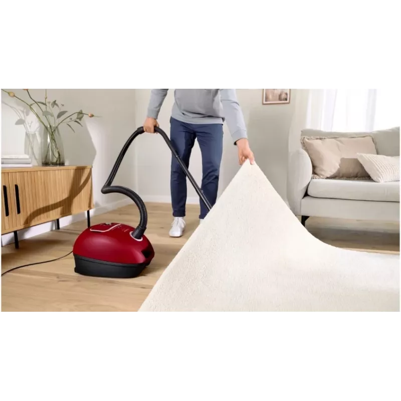 Dulkių siurblys Bosch BGB 41RD3H — 600 W, 4 L dulkių maišelis, HEPA filtras, 11 m veikimo spindulys, teleskopinis vamzdis, raudonas