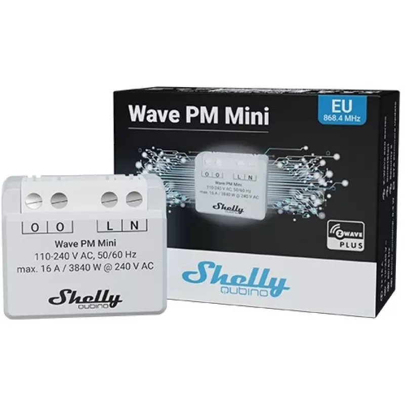 Išmanusis jungiklis „Shelly Qubino Wave PM Mini“ pilkas, belaidis, 110–240 V, 16 A, 24–30 V DC, 868,4 MHz
