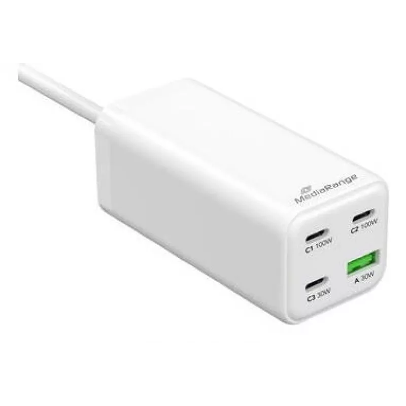 MediaRange MRMA124 mobiliojo įrenginio įkroviklis 100 W kintamoji srovė, 3x USB-C, 100–240 V įvestis, 1,5 m laidas, balta
