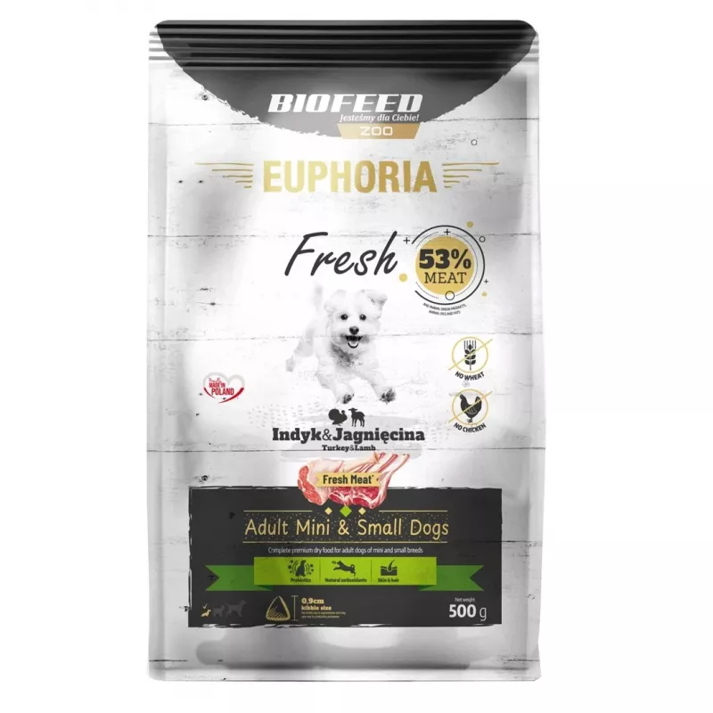 Sausas šunų maistas BIOFEED Euphoria Fresh Adult Turkey/Rabbit XS/S 0,5 kg, 28% baltymų, 15% riebalų, be glitimo ir sojos