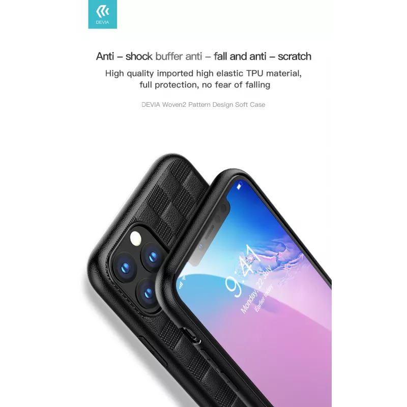 Minkštas dėklas Devia Woven2, skirtas iPhone 11 Pro Max — raudonos raštuotos tekstilės apdaila